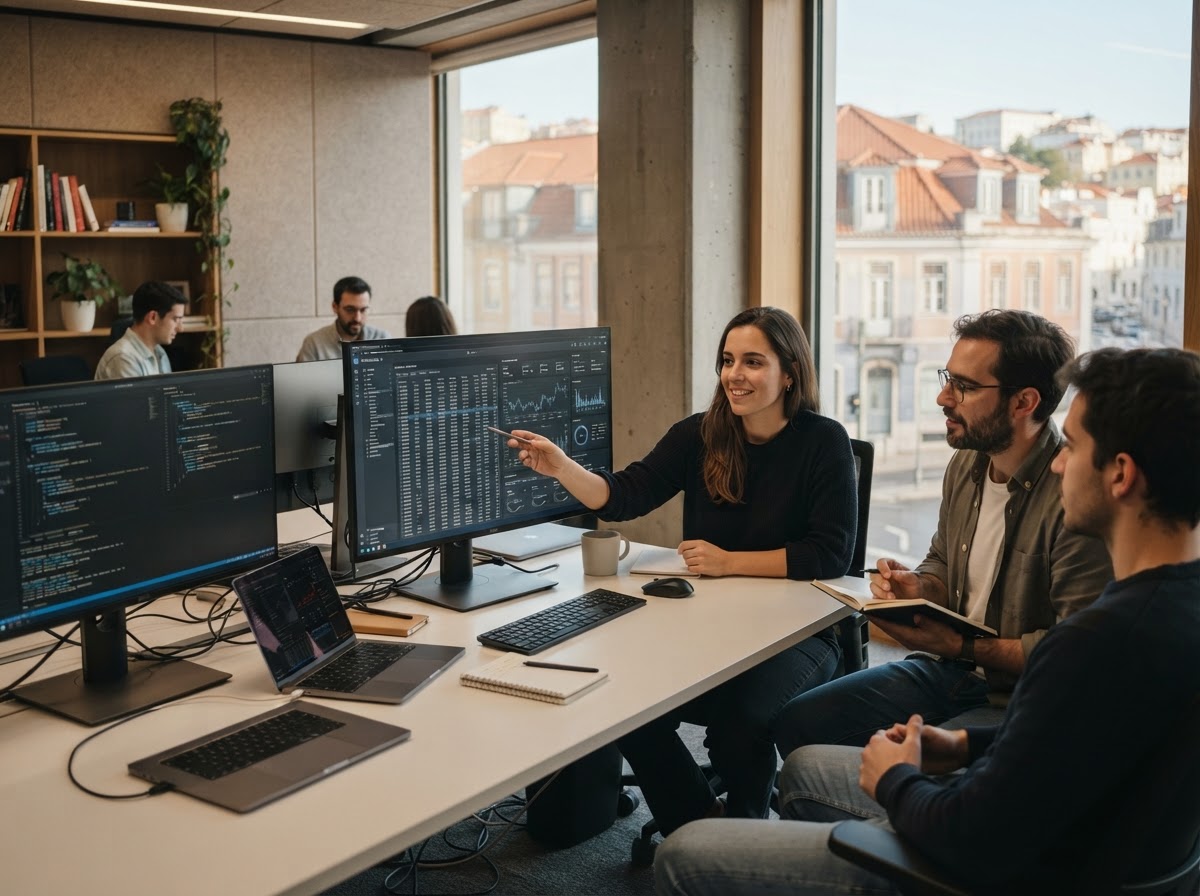 NeutoTrade AI — equipa a analisar dados de mercado em ambiente de trabalho remoto